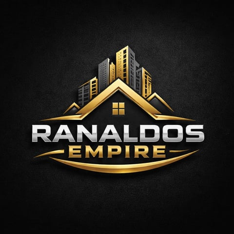 Ranaldos Empire logo featuring gold buildings, a house icon, and curved banner design on dark background